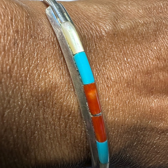 Jewelry - Vintage handmade Native American Zuni inlaid turquoise silver cuff bracelet